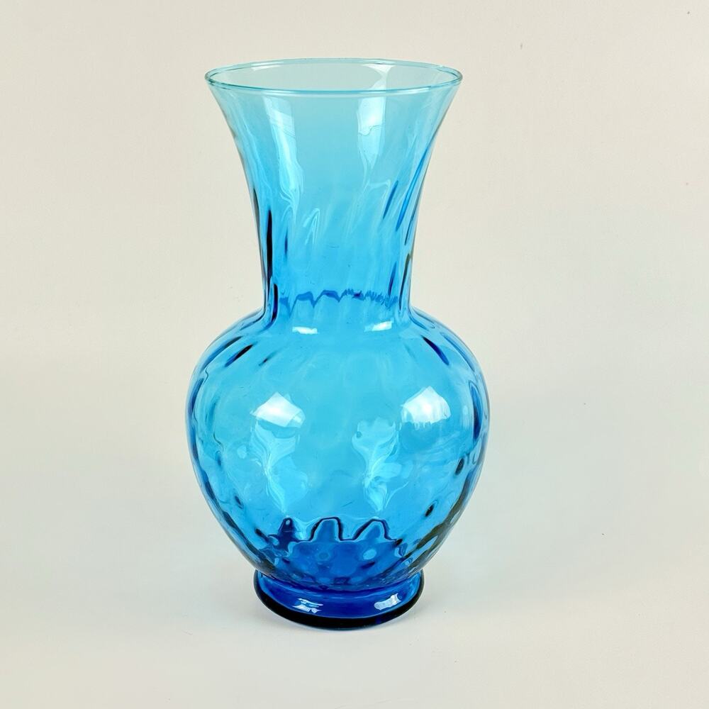 Vintage Empoli Vase Italian Art Glass Flower Bouquet Aqua Blue Optic 8.5" MCM